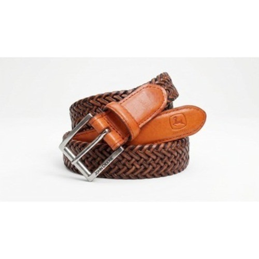 John Deere Belt Mens 42 Brown Braided Leather Silver Buckle Western Logo Casual